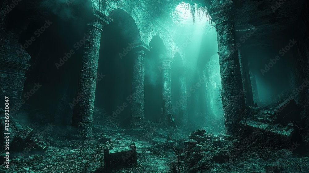 Poster exploring mysterious ancient ruins with columns and dramatic lighting