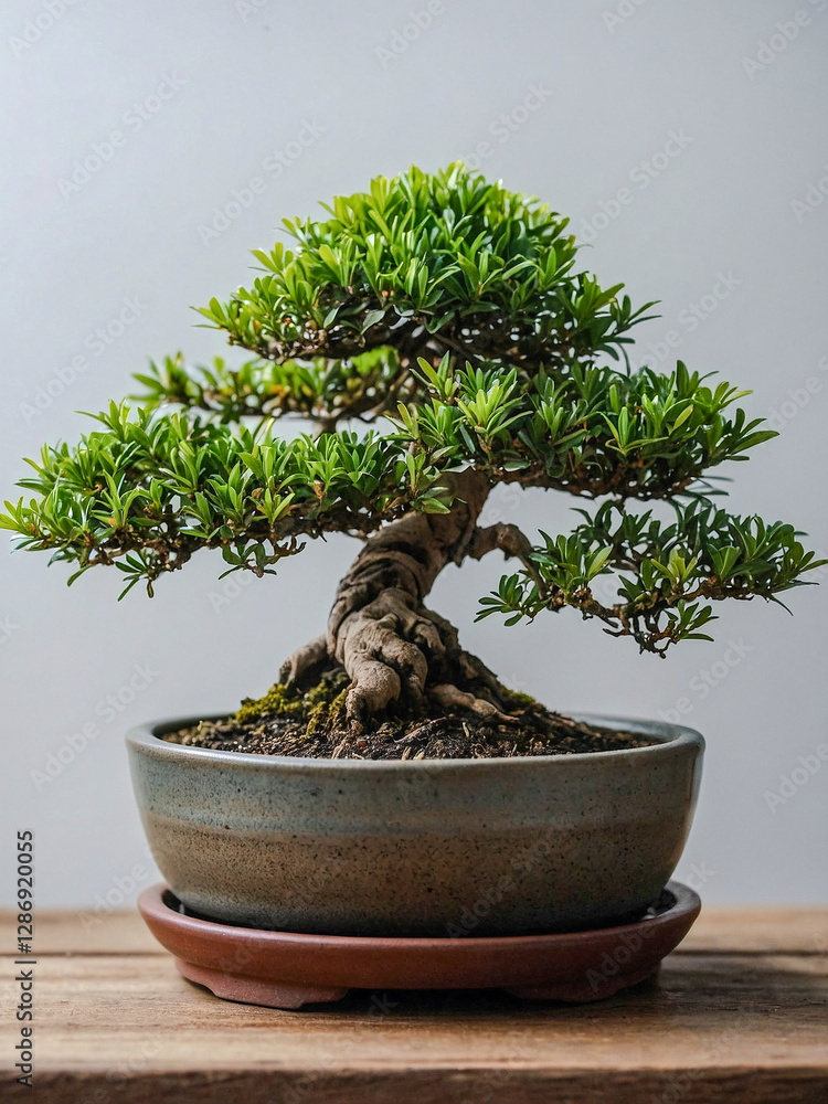 Poster a small bonsai tree in a pot, adding tranquility to any space.