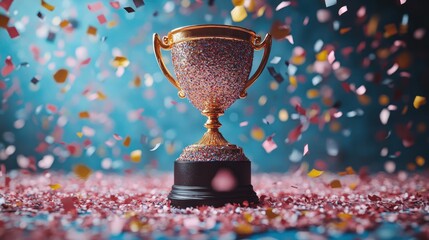 Glittering Trophy Amidst Falling Festive Confetti