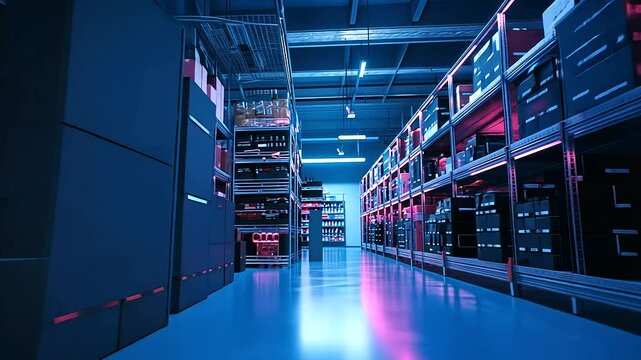 A panoramic view of an auto parts inventory room, showcasing uniform rows of shelves filled with diverse components