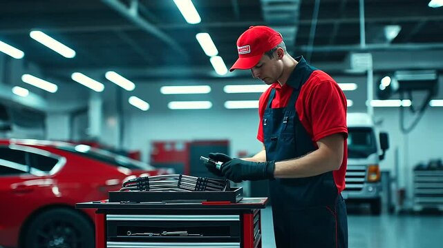 A uniformed mechanic uses a torque wrench to adjust components in the engine bay of a car