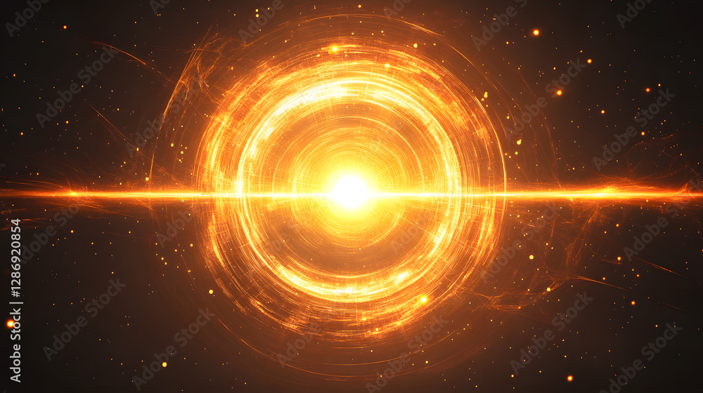 Poster bright orange spiral design with a central light representing the concept of time and intricacy in a