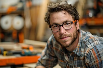 Obraz premium A man with glasses and a plaid shirt focuses on his craft in a workshop filled with various tools and wooden pieces. The warm ambiance highlights his dedication and skill as he creates