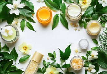Natural Beauty Products on Table Surrounded by Fresh Green Leaves and White Flowers for Organic Skincare and Aromatherapy Themes