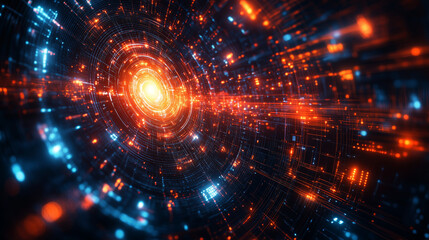Obraz premium Abstract digital tunnel with orange and blue futuristic lights