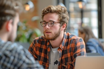 In a warm cafe setting, a young man with curly hair and glasses speaks intently to a friend. They share ideas amidst a relaxed atmosphere, surrounded by greenery and soft lighting