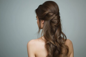 Fototapeta premium Woman with long brown hair in half-updo hairstyle, isolated on gray background with copy space. This image represents a beauty concept for wedding or evening event.