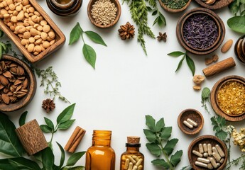 Natural Ingredients and Herbal Remedies Displayed on White Background with Various Seeds, Leaves, and Oils for Wellness and Organic Lifestyle Promotion