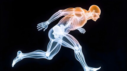 Dynamic Human Skeleton in Motion Illustrating Speed and Agility of Running Anatomy with Orange Highlights on a Black Background for Scientific and Fitness Depictions