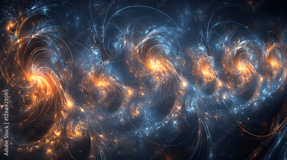 Poster computer generated image of a spirally pattern featuring intricate designs and colors on a digital b