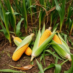 Close up view of fresh corn cobs lying on the ground. 
