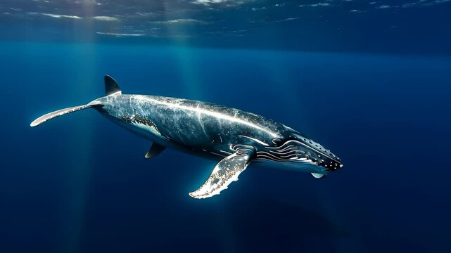 A humpback whale gracefully swims in the deep blue waters, showcasing its majestic fins and unique patterns during a serene underwater experience