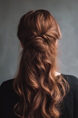 Naklejka premium Half-up, half-down hairstyle with loose waves and elegant knot at the nape of the neck seen from behind on light brown hair against grey background. 