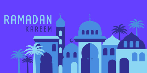 Ramadan Kareem, Eid Mubarak greeting card, poster design modern style with town landscape. Graphic print vector illustration