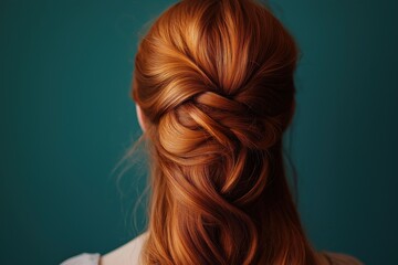 Fototapeta premium Back view of woman with ginger colored hair in long, half-updo hairstyle against teal background with copy space.