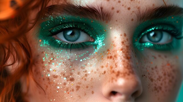 Creative beauty look with bright turquoise glitter eyeshadow and natural freckles closeup. Redhead woman with ginger hair and blue eyes. St patricks day makeup art concept