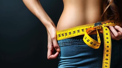 A woman measures her waist with a tape measure as she focuses on her fitness journey in a dimly lit room, taking charge of her health and body video in a personal moment of self-reflection - Powered by Adobe