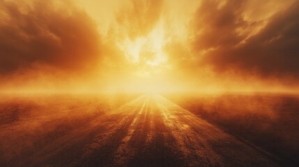 A desert highway almost completely obscured by a sandstorm, the road barely visible due to the swirling dust and sand.