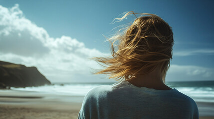 Obraz premium A woman with long blonde hair stands on a remote beach near cliffs as the strong ocean breeze lifts her hair under a partly cloudy sky 