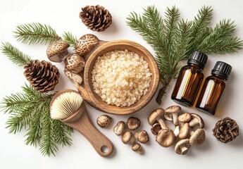 Natural Spa Ingredients with Sea Salt, Fresh Mushrooms, Herbal Oils, and Pine Cones for Relaxation and Wellness Solutions