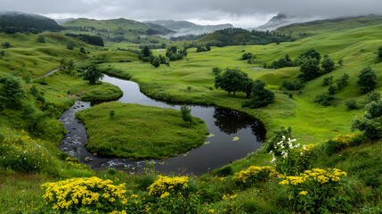 Serpentine river meanders through lush green valley, misty mountains background; idyllic nature landscape