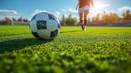 A soccer ball on the grassy field and person walking forward