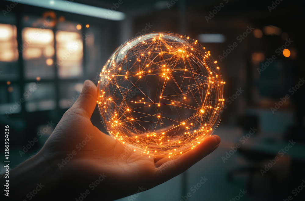 Poster global network connection hand holding illuminated sphere of data