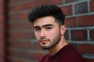 Fototapeta premium Handsome young man with black hair and bear, brown eyes, wearing dark red sweater, standing against brick wall and looking at the camera, copy spacce for text.