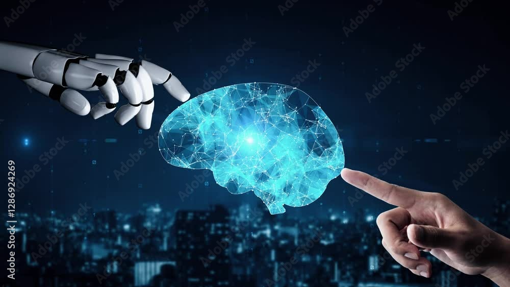 Poster futuristic robot artificial intelligence enlightening ai technology development and machine learning