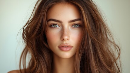 Naklejka premium A beautiful woman with long brown straight hair photography