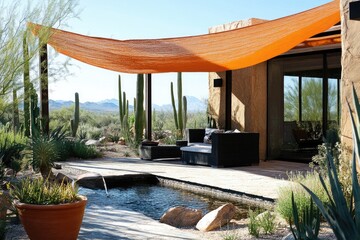 Desert Oasis: Patio Design with Pool, Cactus, and Orange Shade Sail