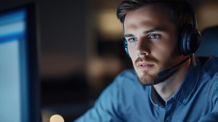 Dedicated customer support professional engaged in virtual client consultation with headset in a modern office setting for seamless communication