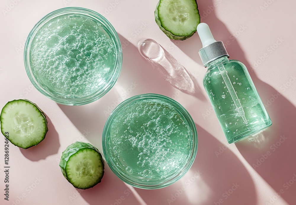 Poster refreshing cucumber-infused skincare products in glass containers with bubbles atop a soft pink surf