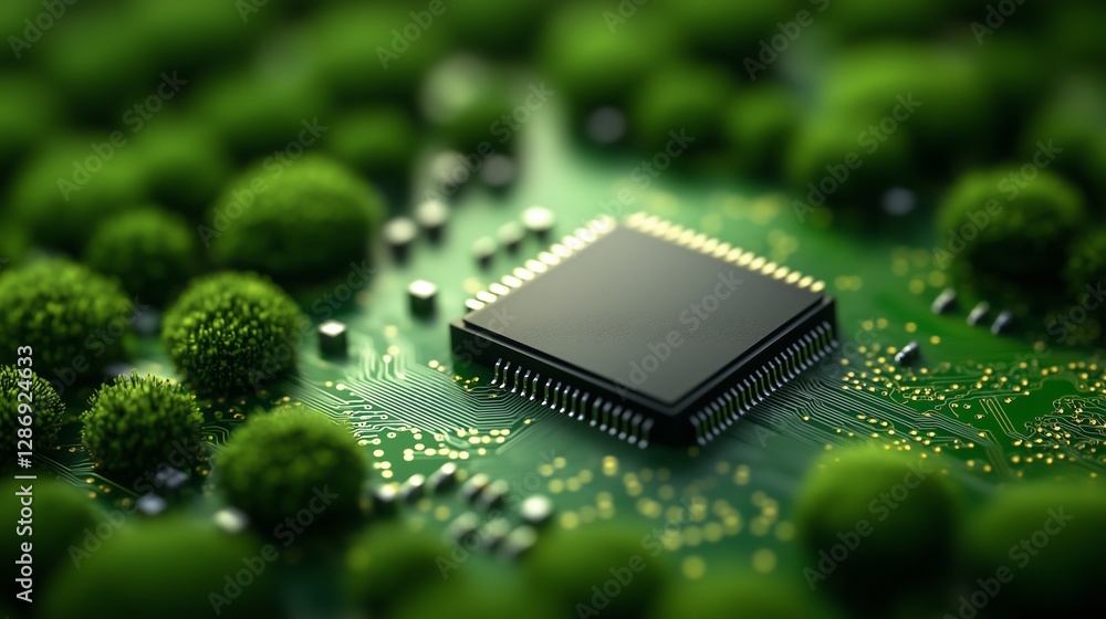 Poster a modern cpu processor chip placed on a vibrant green background
