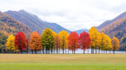 Colorful autumn trees by lake, mountain backdrop, scenic landscape, nature photography