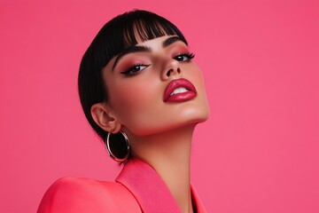 Woman with bright red lipstick and dramatic makeup looking up against pink background. Professional beauty portrait with bangs hairstyle for cosmetics advertising