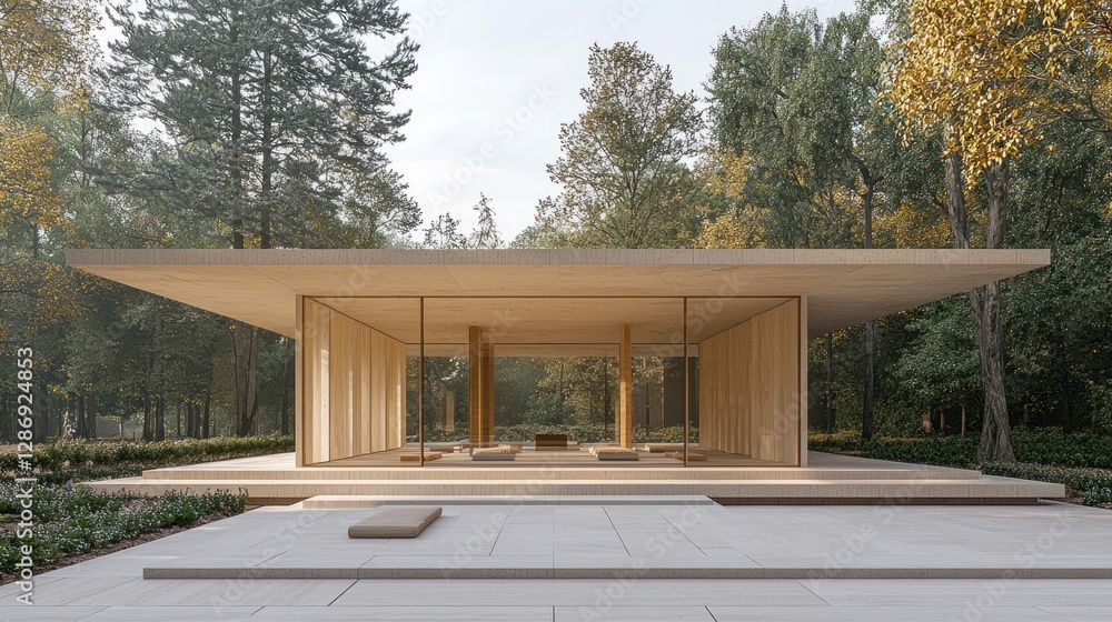 Poster modern pavilion architecture in a forest setting with minimalist design