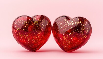 Fototapeta premium Two Red Glitter Hearts on Pink Background