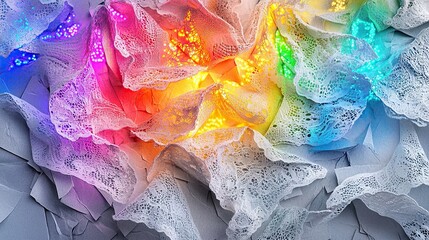 An intricate collage of lace fragments dyed in rainbow hues