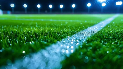 A soccer field at night is brightly lit, highlighting the rich green grass and clear white lines used for practice and drills