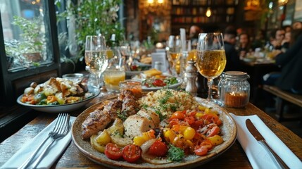 Gourmet plated meal, restaurant, festive gathering, background of diners