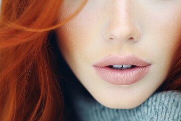 Obraz premium Woman with red hair and pink lips in close up beauty portrait. Natural makeup and flawless skin with sweater detail. Fresh facial cosmetics concept with copy space