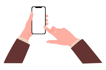 Female Hands holding mobile phone. Fingers touching, scrolling smartphone screen, using applications. Empty screen, phone mockup. Flat vector illustration isolated