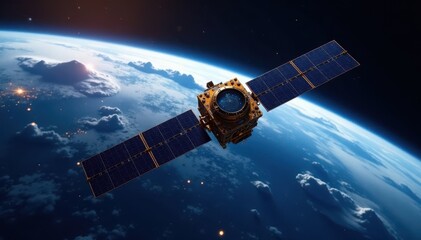 Satellite in geosynchronous orbit around Earth, equatorial plane, spacedock view , Earth's atmosphere