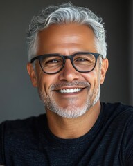 Obraz premium Confident Middle-Aged Hispanic Man with Grey Hair and Stylish Glasses Radiates Warmth and Natural Charm Through a Genuine Joyful Smile in a Candid Portrait