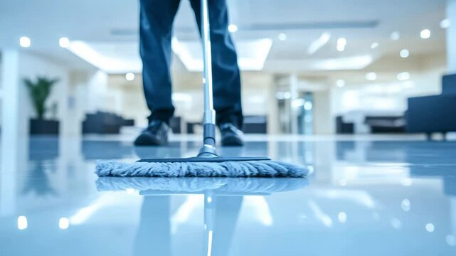 A person is mopping a reflective floor in a contemporary interior space, ensuring cleanliness and shine