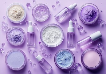 Naklejka premium Stylish Flat Lay of Purple Cosmetic Products on Smooth Lavender Surface with Various Textures and Glass Containers for Skincare and Beauty Enthusiasts