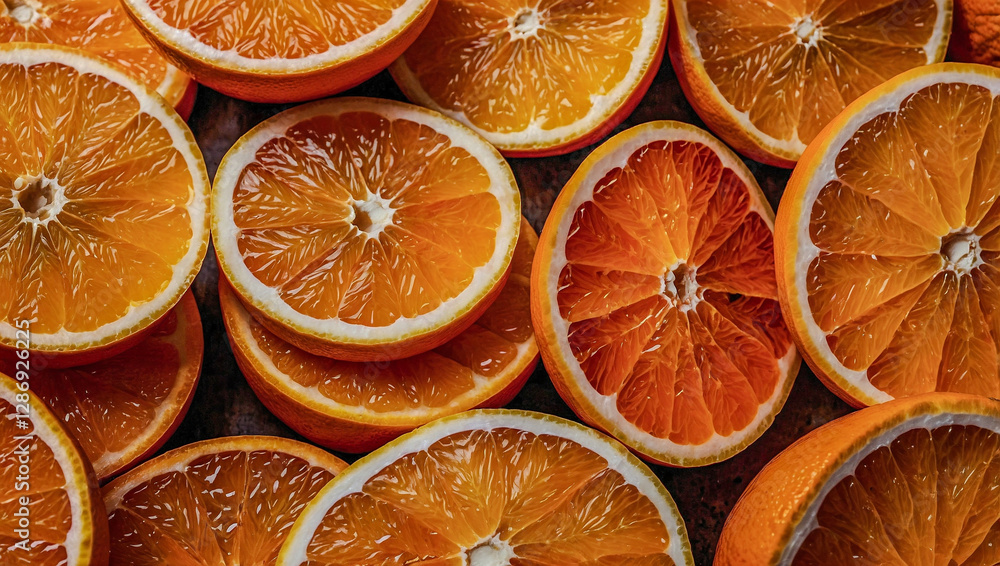 Poster a vibrant close-up of sliced oranges, emphasizing the freshness and vivid color.