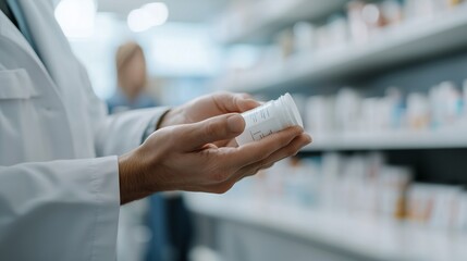 A pharmacist examines a prescription bottle in a pharmacy setting. Shelves filled with various medications are visible in the background, creating a professional atmosphere.