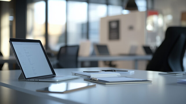 Modern Office Meeting Table with Digital Devices and Documents in Sharp Focus, Blurred Business Professionals Discussing a Project in the Background - Powered by Adobe